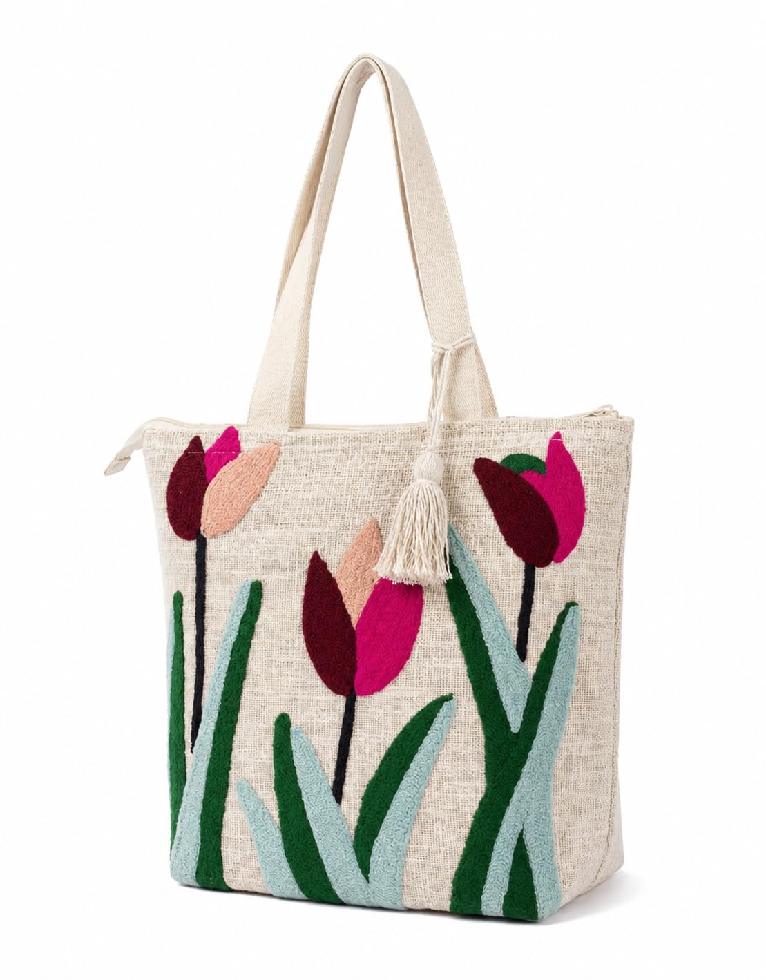 Embroidered Canvas Tote Bag, Cream, Floral Butterfly Design, Zipper Closure with Tassel-picture-52
