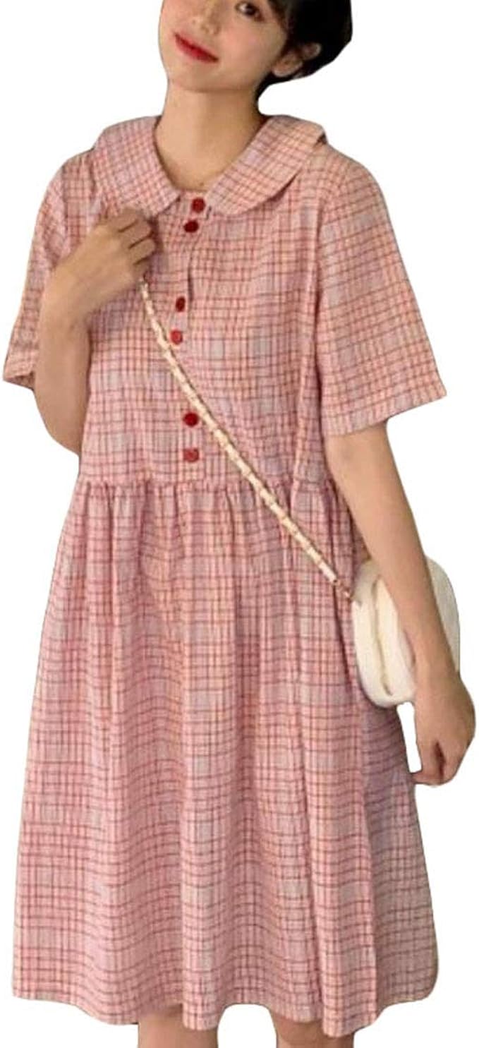 Amazon Co Jp Zhongjue ジュージェン チェックワンピース レディース 半袖 ゆったり 膝丈 ワンピース 襟付き チェック柄 ファッション Aライン ハイウェスト 着痩せ チュニック 可愛い 森ガール ピンク 夏 Freesizeレッド ファッション