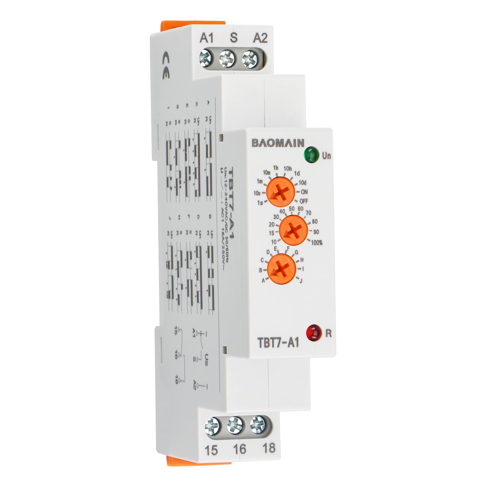 BAOMAIN Relé temporizador multifunción 12-240 VAC/DC 16 A 10 funciones, 1 SPDT, relé temporizador para montaje en carril DIN, TBT7-A1