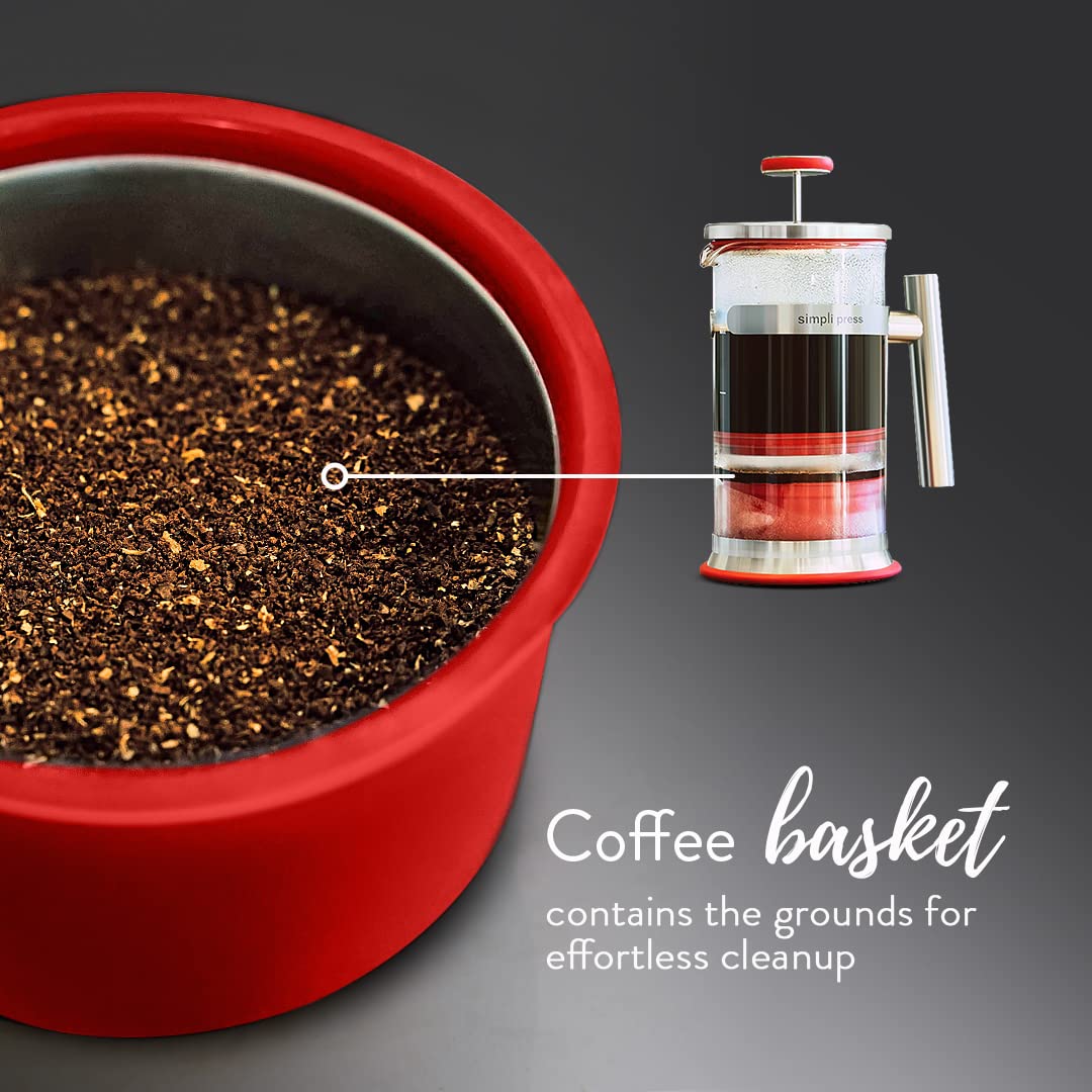 Simpli Press French Press Kaffee- und Teebereiter – einfache Reinigung & körnfreier Kaffee – anpassbarer Kaffee – geschmackvoller, glatter Kaffee – Kunststofffreier Premium-Edelstahl – 964 ml – Rot