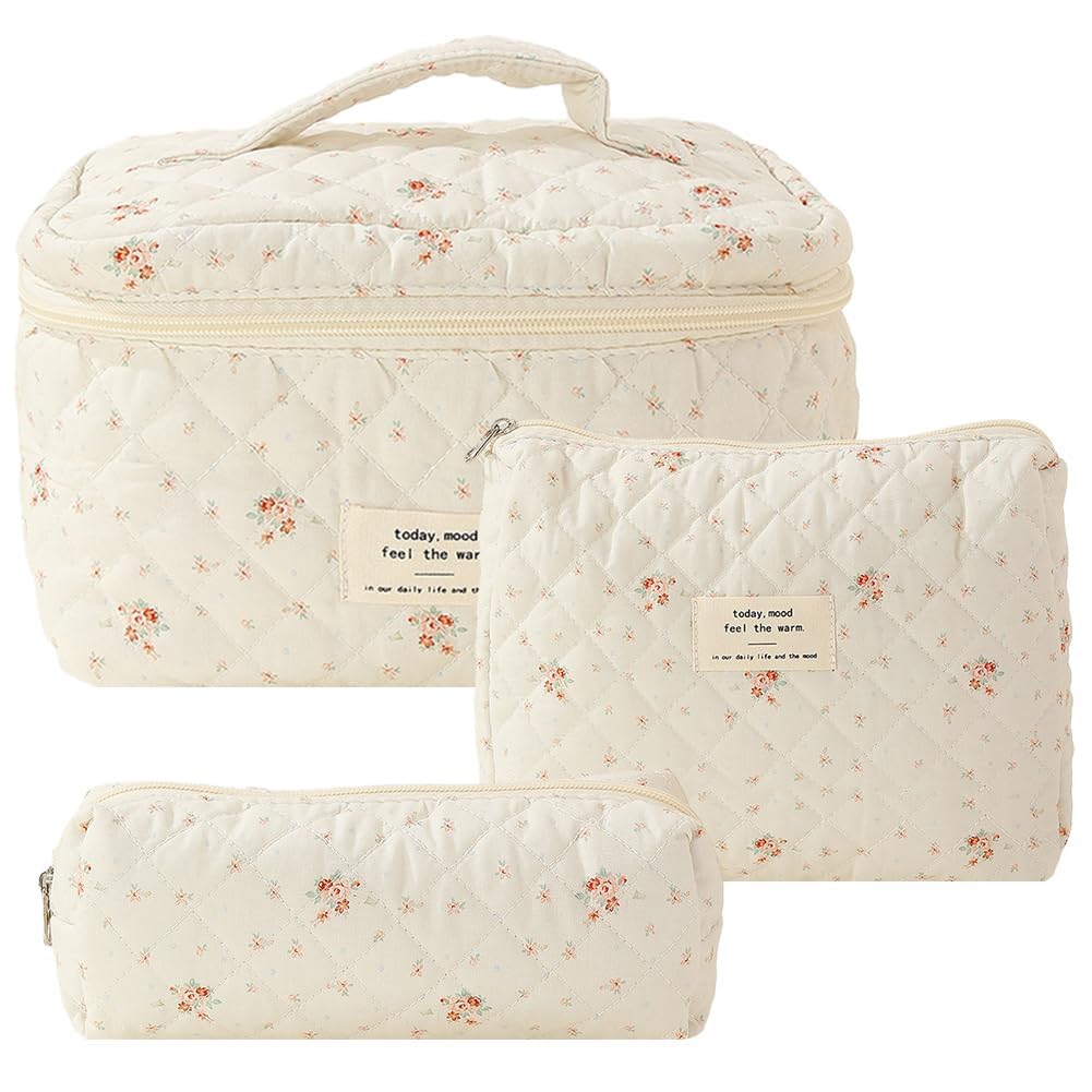 Juoxeepy Quilted Makeup Bag Floral Cotton Cosmetic Bag Jolly House Toiletry Bag Coquette Aesthetic Makeup Bag Cosmetic