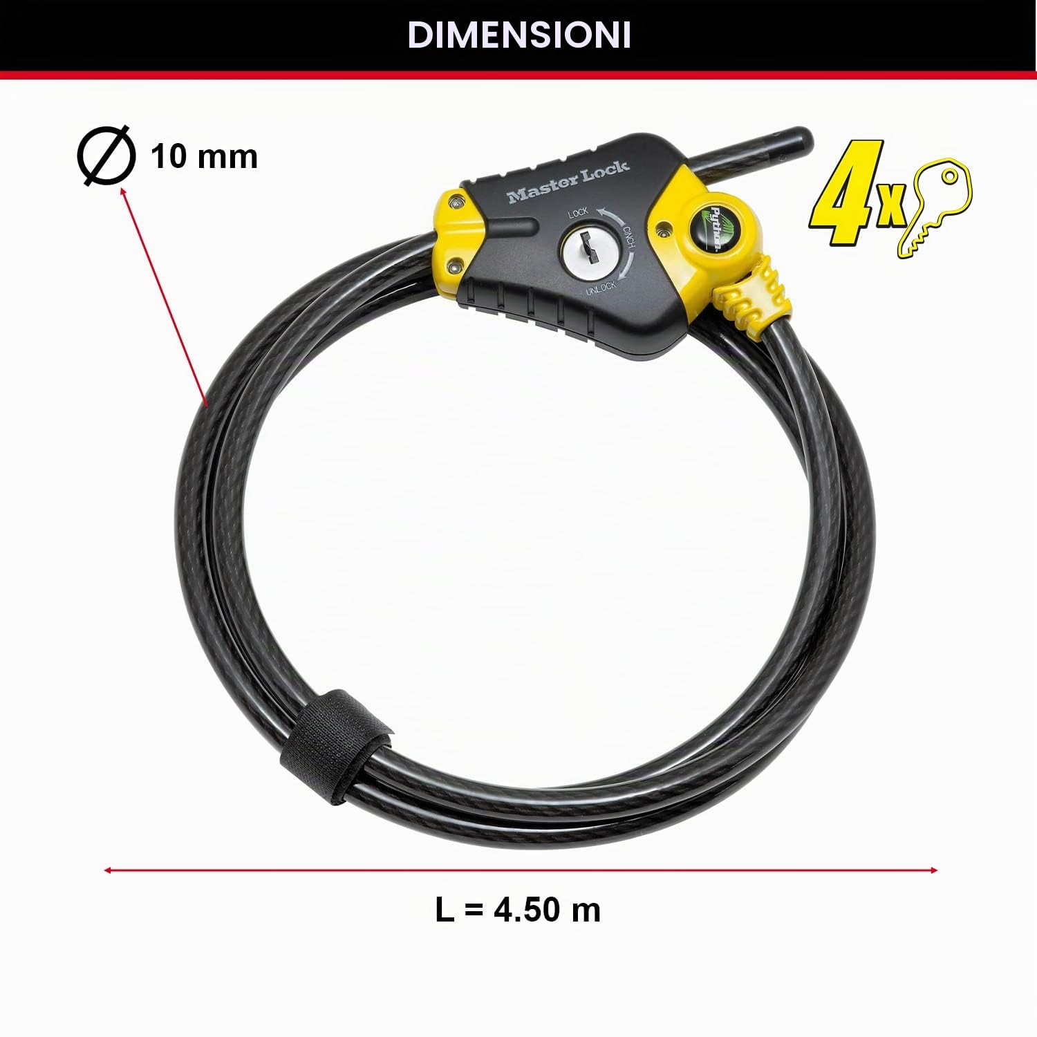 Master Lock 8420EURD Cavo Regolabile Antifurto da 30 cm a 4.5 m, Python ottimo per Strumenti, Attrezzature Sportive, Mobili da Giardino Nero/Giallo, 4.5 m