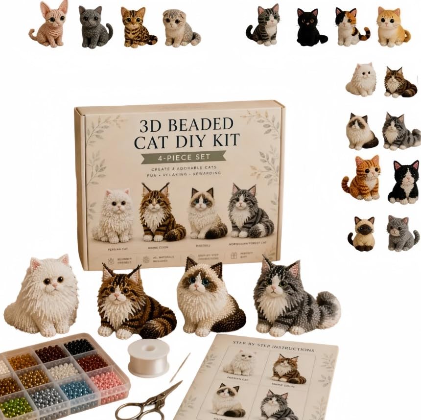 3D Beaded Cat DIY Kit, Beginner Friendly 3D Beaded Cat DIY Kit