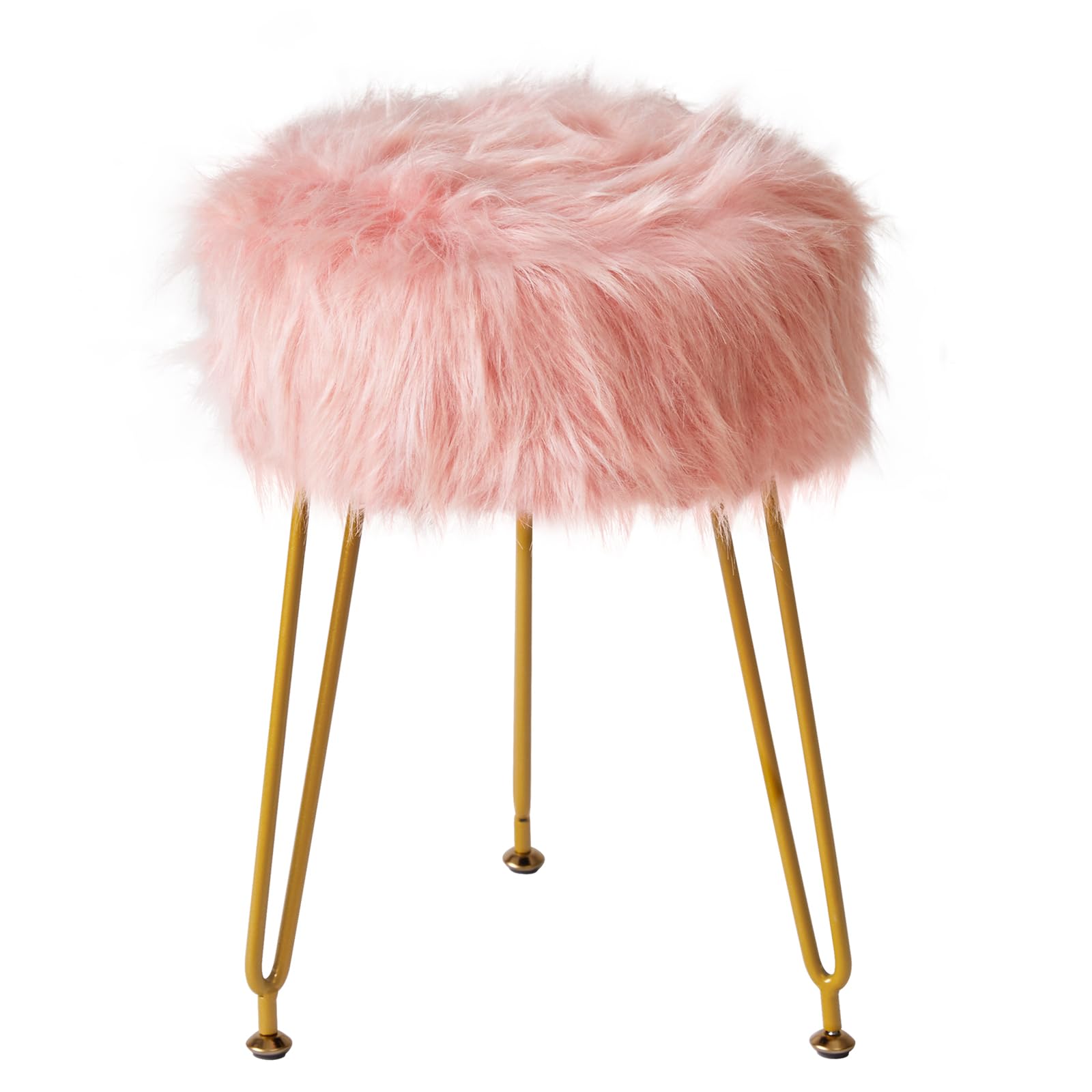 IBUYKE Faux Fur Vanity Stool Chair, Furry Makeup Stool Ottoman, Asiento Acolchado Suave, reposapiés Redondo con 4 Patas de Metal, para la Entrada del Dormitorio de la Sala de Estar, Rosa LG-32P