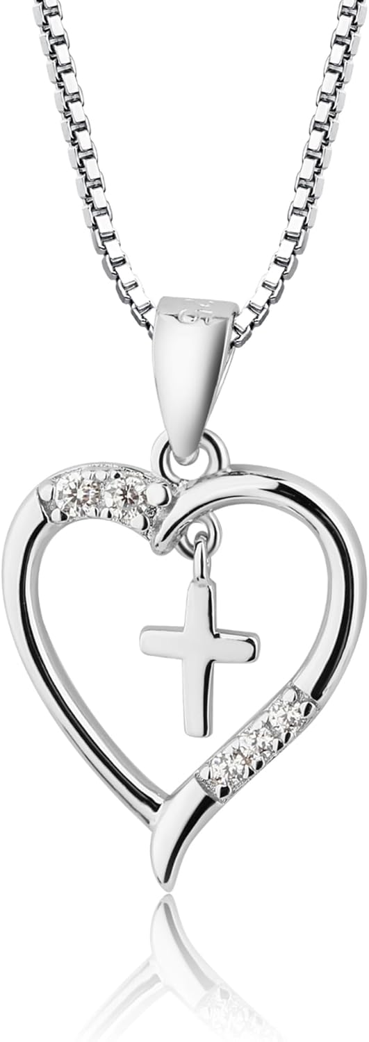Cherished Moments Girl's 925 Sterling Silver First Communion Dancing Cross Heart Necklace