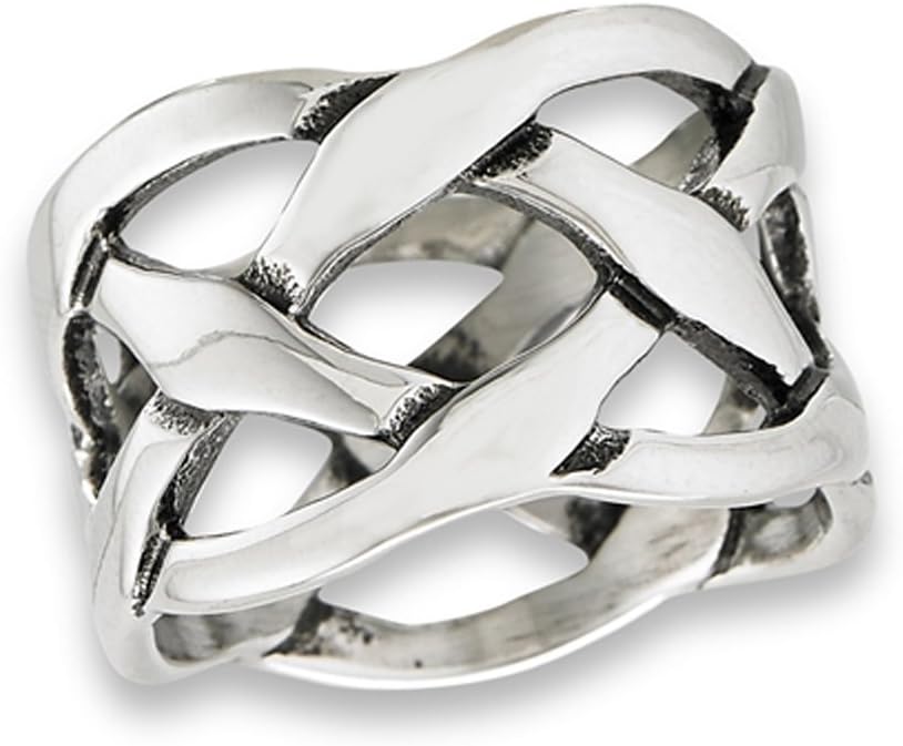 Sac Silver Wide Celtic Mesh Weave Knot Criss Cross Ring New Stainless Steel Band Sizes 8-14