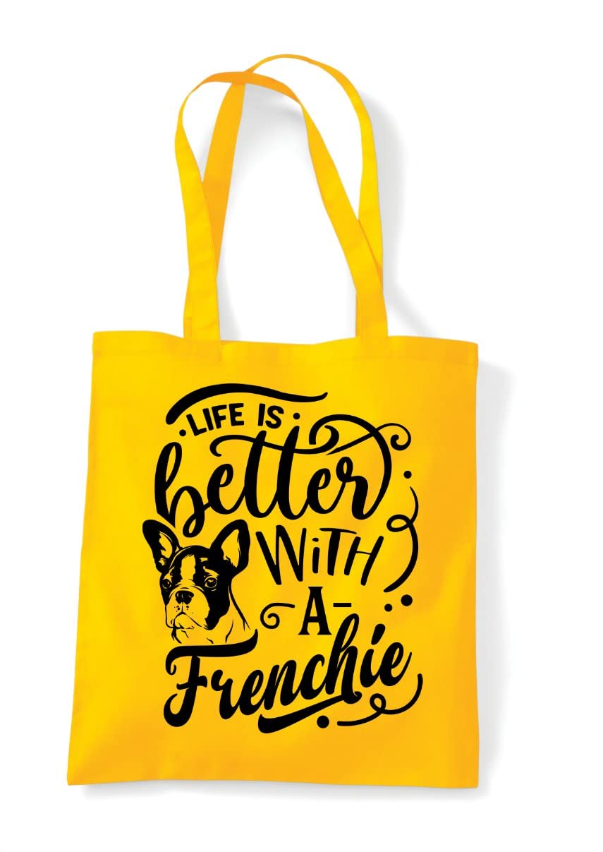 Miammo Life is better with a Frenchie (French bulldog breed owner) statement tote shopping bag - Yellow