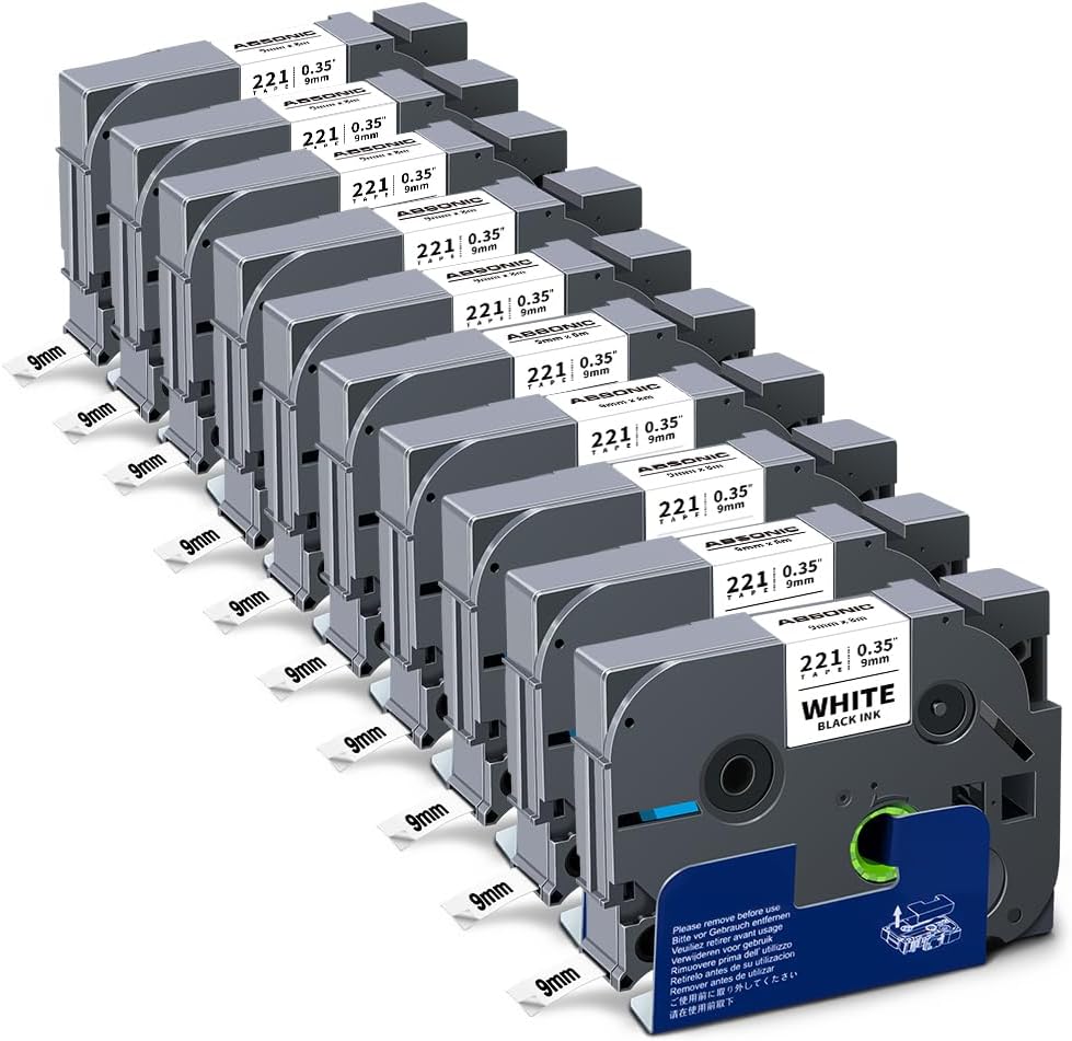 Absonic 10-Pack 9mm Black on White Label Tape Compatible for Brother Tze-221 Tze221 3/8" P Touch Tze Tz Tape 9mm 0.35" Laminated White Label for Label Maker PTH110 PTD210 PTD220 PTD200 PTD400 PT1880