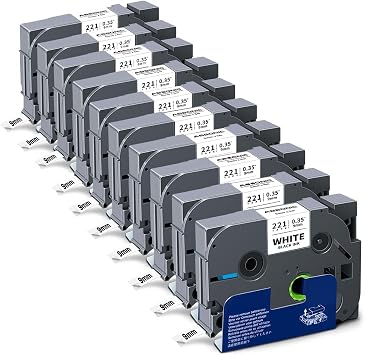 Absonic 10-Pack 9mm Black on White Label Tape Compatible for Brother Tze-221 Tze221 3/8 P Touch Tze Tz Tape 9mm 0.35 Laminated White Label for Label Maker PTH110 PTD210 PTD220 PTD200 PTD400 PT1880