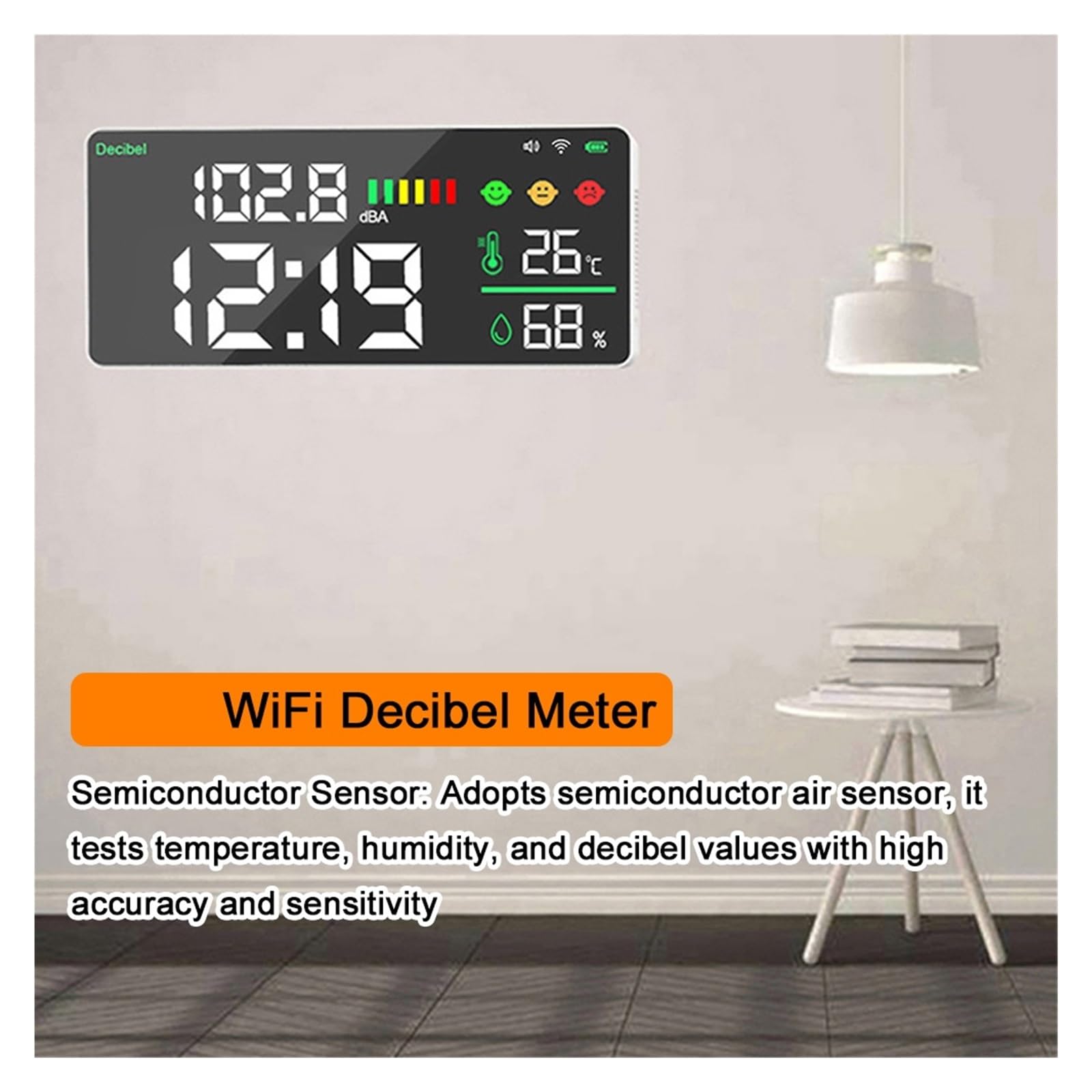 WiFi Noise Decibel Meter 4in1 Temperatur Luftfeuchtigkeit Decibel Test Wecker 11 Zoll LED-Farbverbindungssteuerung Breites Anwendungsspektrum