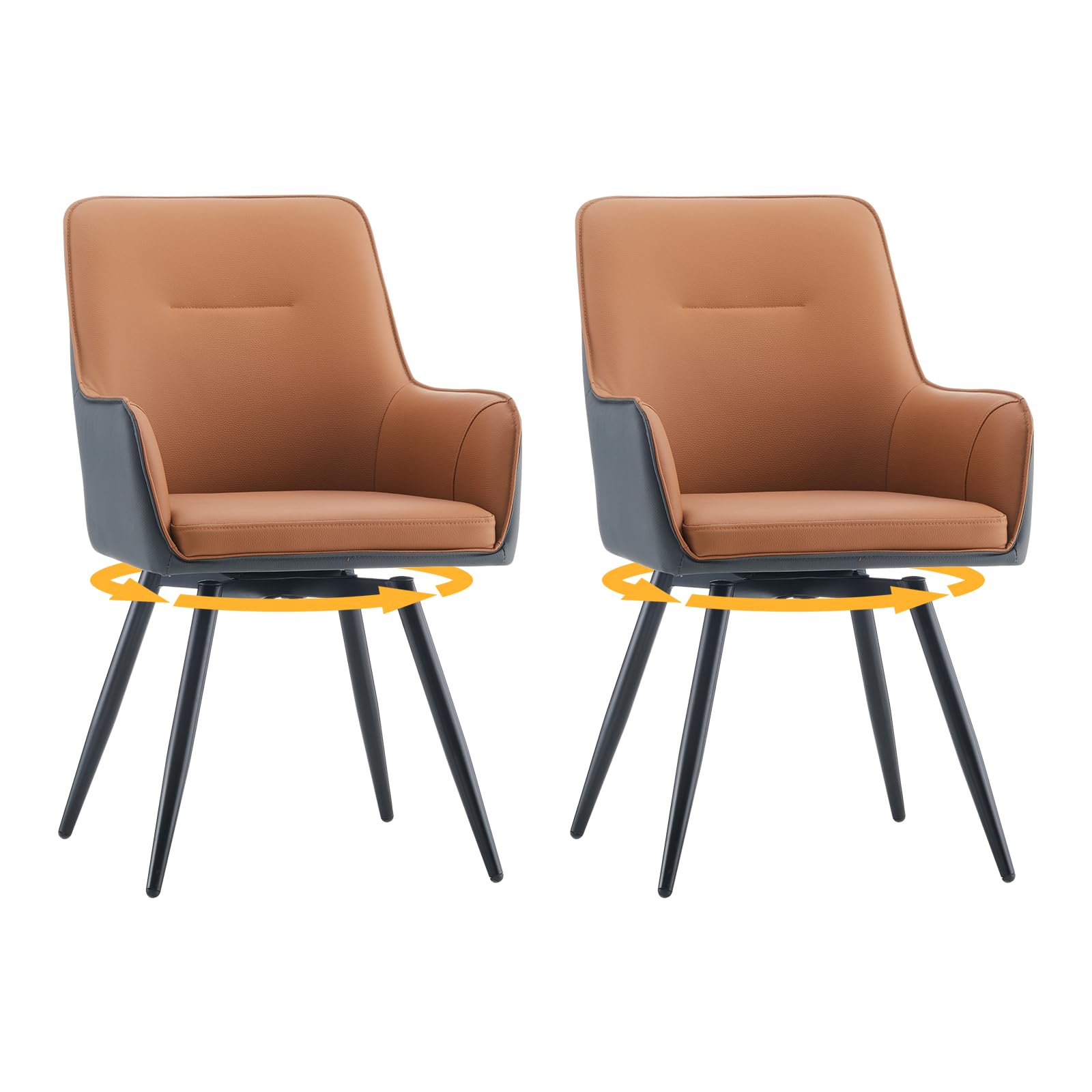 LEMROE 360° Swivel Dining Chairs Set of 2 Faux Leather Ergonomic Kitchen Counter Chair Upholstered Accent Chair with Arms Metal Legs Swivel Armchair for Living Bedroom Office (2, Brown/Grey)