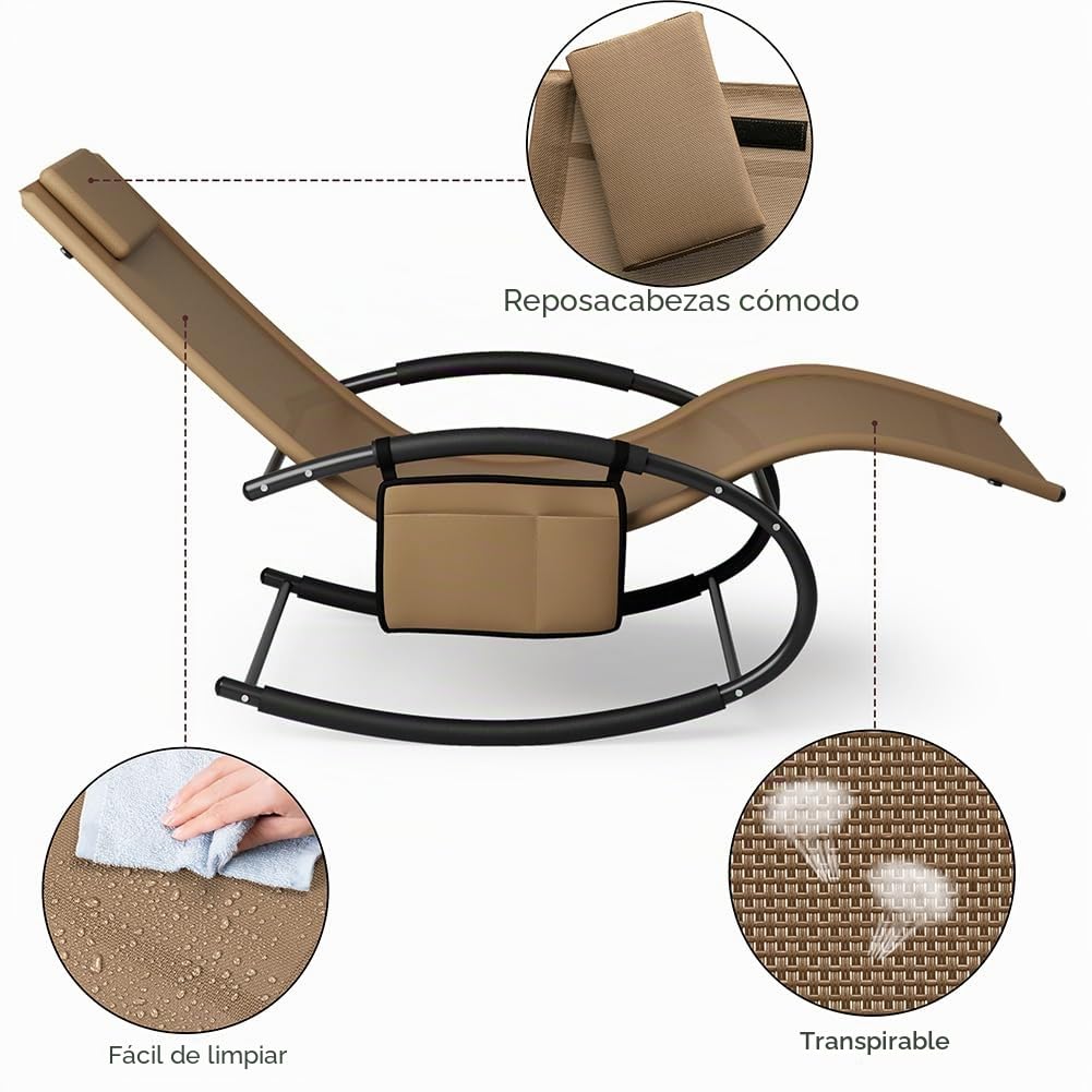 BAKAJI Silla Mecedora de jardín, Tumbona de Gravedad Cero, con Revestimiento de textileno con reposacabezas, sillón para Exteriores e Interiores, balcón, Patio, terraza (marrón)