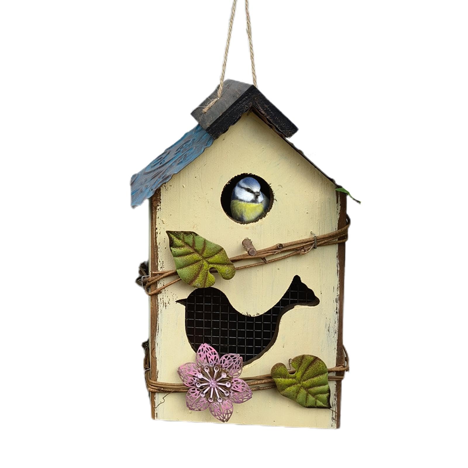 Niedliches aus Holz – dekoratives hängendes Vogelhaus den Außenbereich für Garten, Terrasse und Park (gelb)