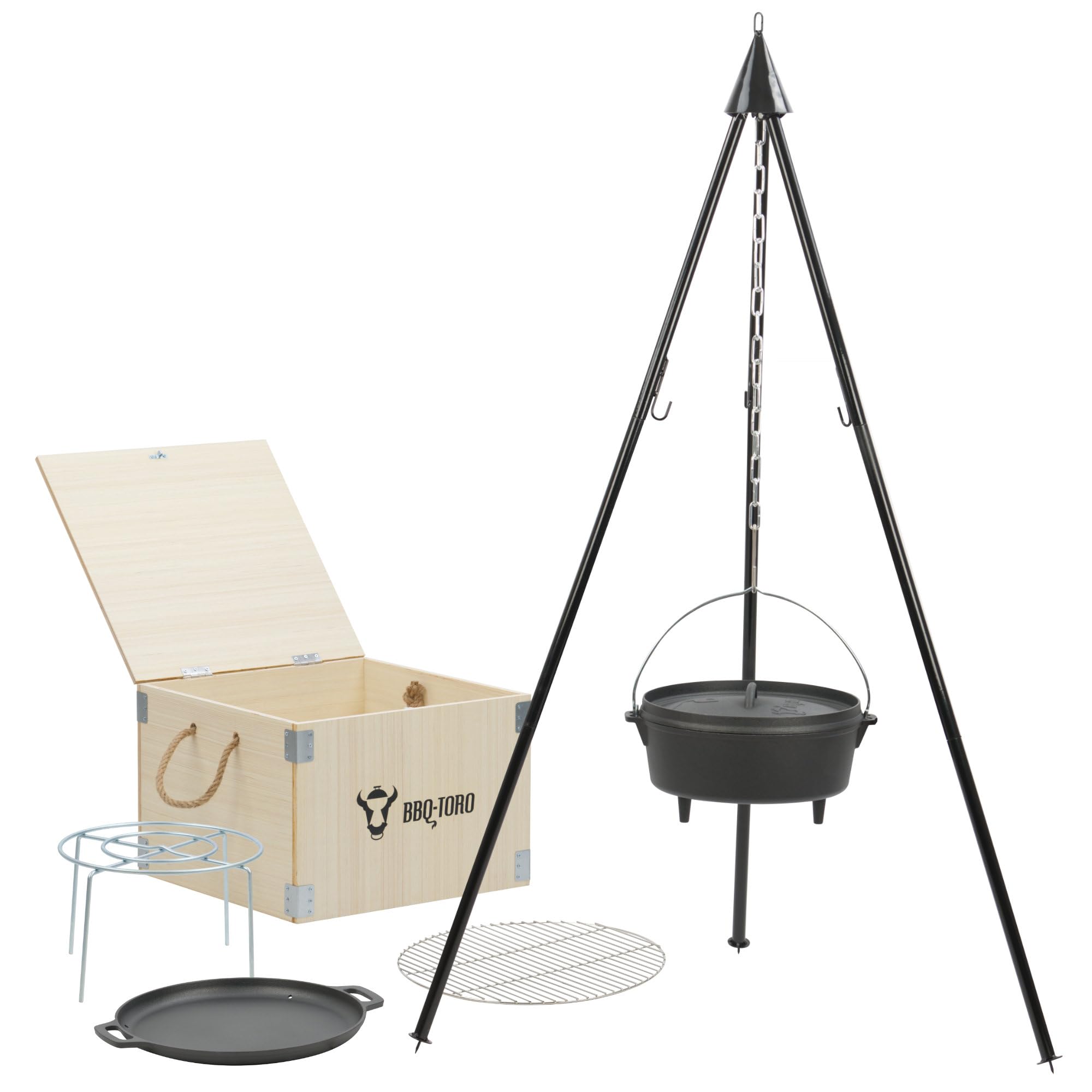 BBQ-Toro Kit de 6 Dutch Oven en Fonte Préassaisonnée avec Caisse en Bois, Poêle, Grille et Trépied pour Camping
