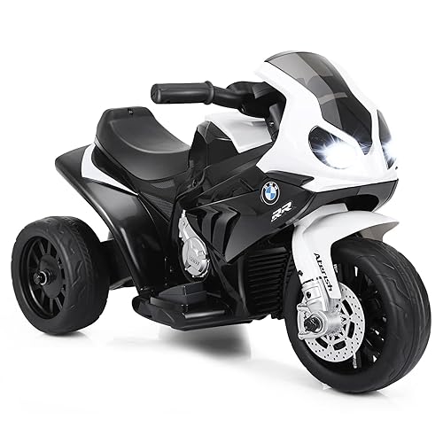 OLAKIDS Kids Ride on Motorcycle, 6V Licensed BMW Electric Motor with Music, Foot Pedal, Headlight, Leather Seat Cushion, 4 Wheels Battery Powered Tricycle Toy for Boys Girls (Dark)