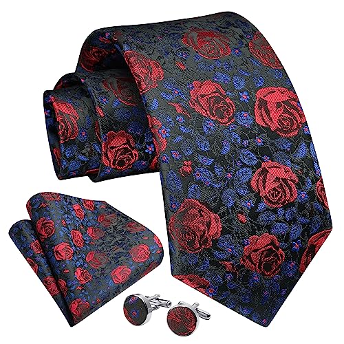 Image of Enlision Ties for Men Floral Tie Handkerchief Cufflinks Set Formal Flower Classic Mens Necktie & Pocket Square Wedding
