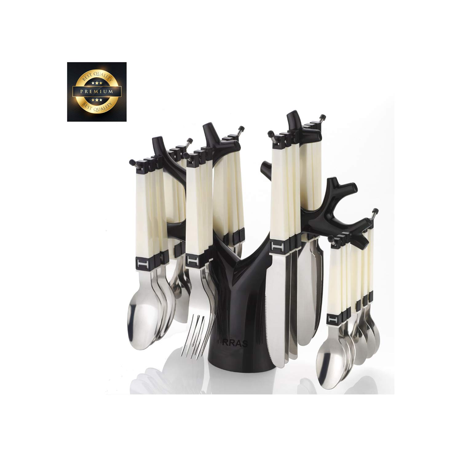 RRAS Premium Cutlery Set 24 Pieces,Cutlery Set for Kitchen with Stand Cutlery Set for Dining Table (Contains: 6 Table Spoons, 6 Tea Spoons, 6 Forks, 6 Knives),White Set of (1)