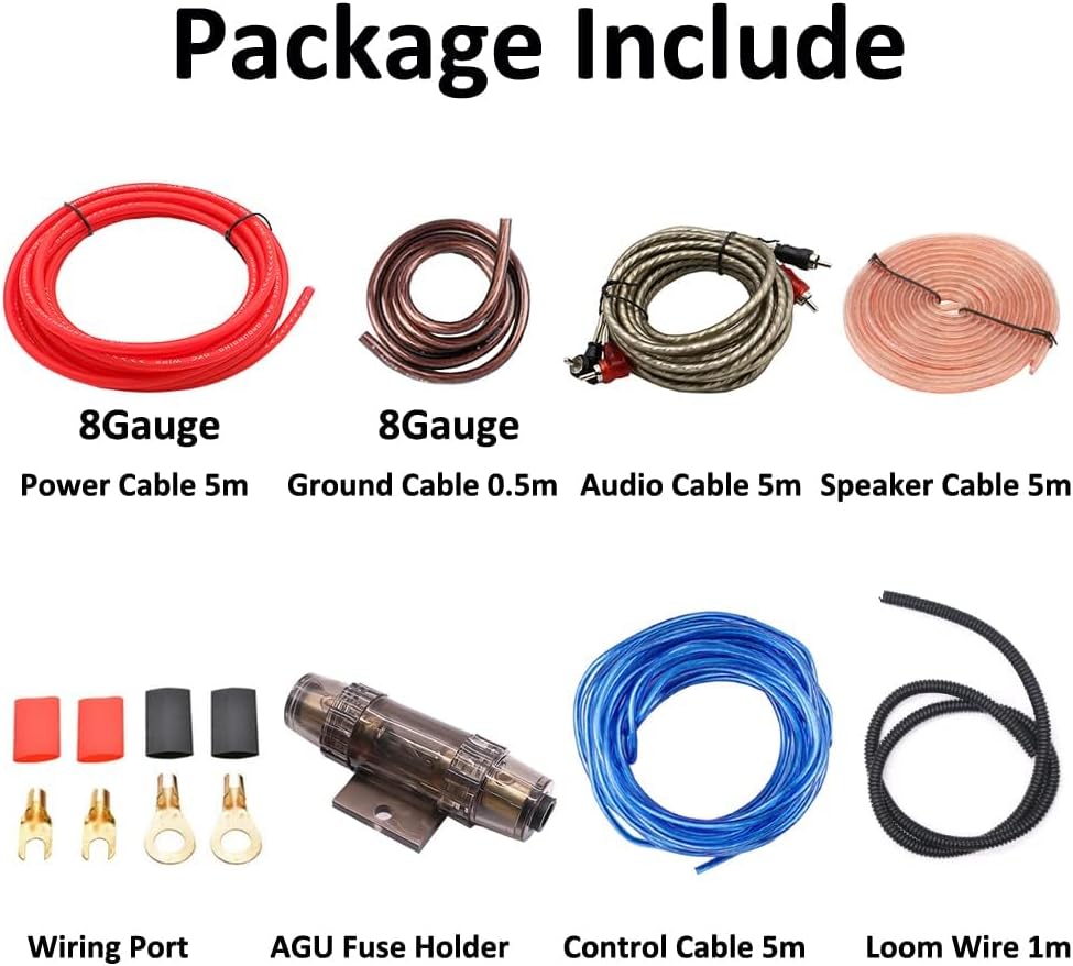 Car Amplifier Wiring Kit Connection Set 8GA Gauge AWG Car Audio Amplifier Power Amplifier Cable Installation Kit RCA Power Cable Speaker Wire AGU Fuse Holder 1800W,Blau 8 Gauge 1800W
