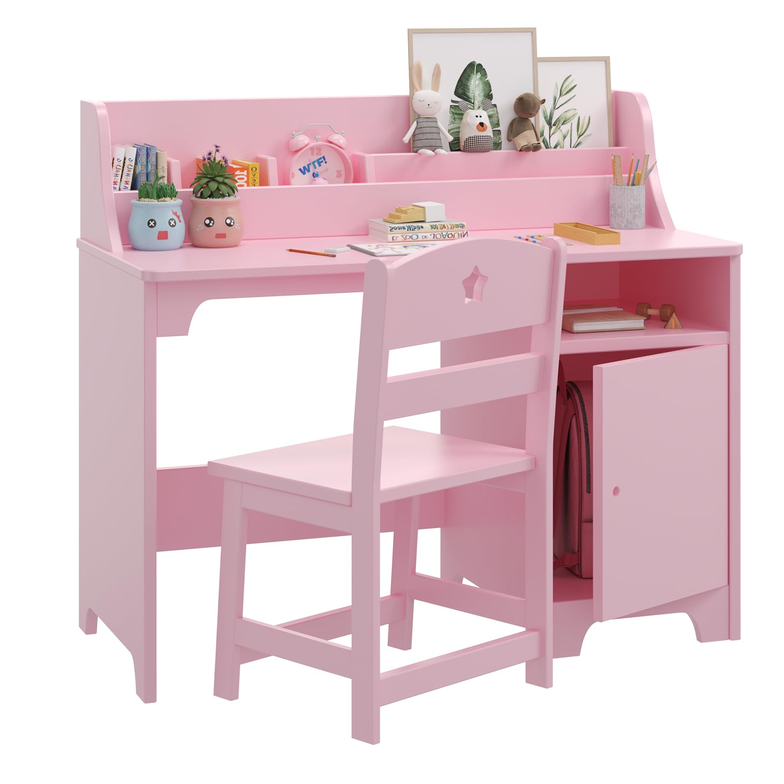 Escritorio Infantil con Silla de Madera con Estantes y Taquilla, Escritorio Infantil con Silla de Madera, Mesa de Aprendizaje Multifuncional para Niños y Niñas de 3+ Años