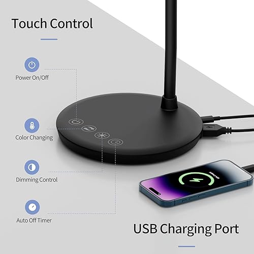 Miniatura 4 de AXX TU08 - Lámpara de escritorio LED pequeña con puerto de carga USB, 650 lúmenes, 3 modos de color, atenuación de 5 toques, temporizador de 3060