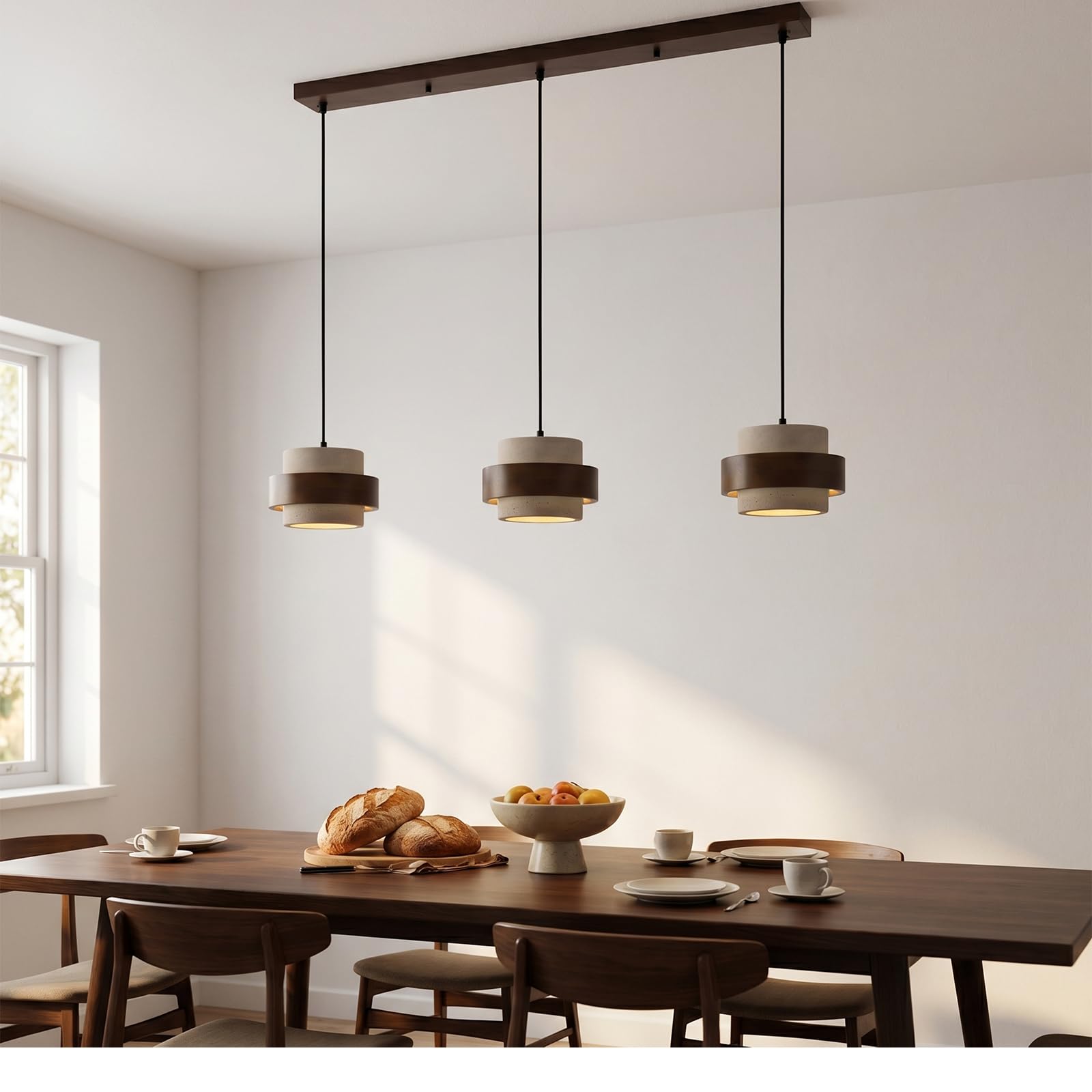 Lampadario Sospensione LED 3 Teste Stile Giapponese Wabi sabi Travertino Giallo Altezza Regolabile Lampadari Sospensione in Legno Lampadario Moderno per Soggiorno Cucina sala da pranzo Anello Legno