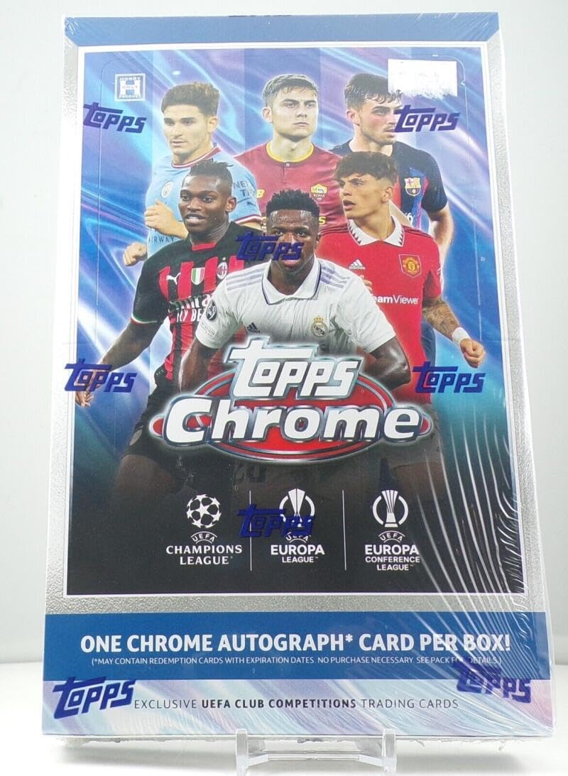 2022-23 Topps Chrome UEFA Champions League Soccer Factory Sealed Hobby Box. 1 AUTOGRAPH. 20 Packs of 4 Cards. The biggest brand in football collectibles is back and stronger than ever.now featuring all three UEFA men club competitions. Collect footballs biggest icons and future stars. New and returning insert sets such as Golazo, Specimens and Joga Bonito. Chase never-before-seen Toppsfractors.