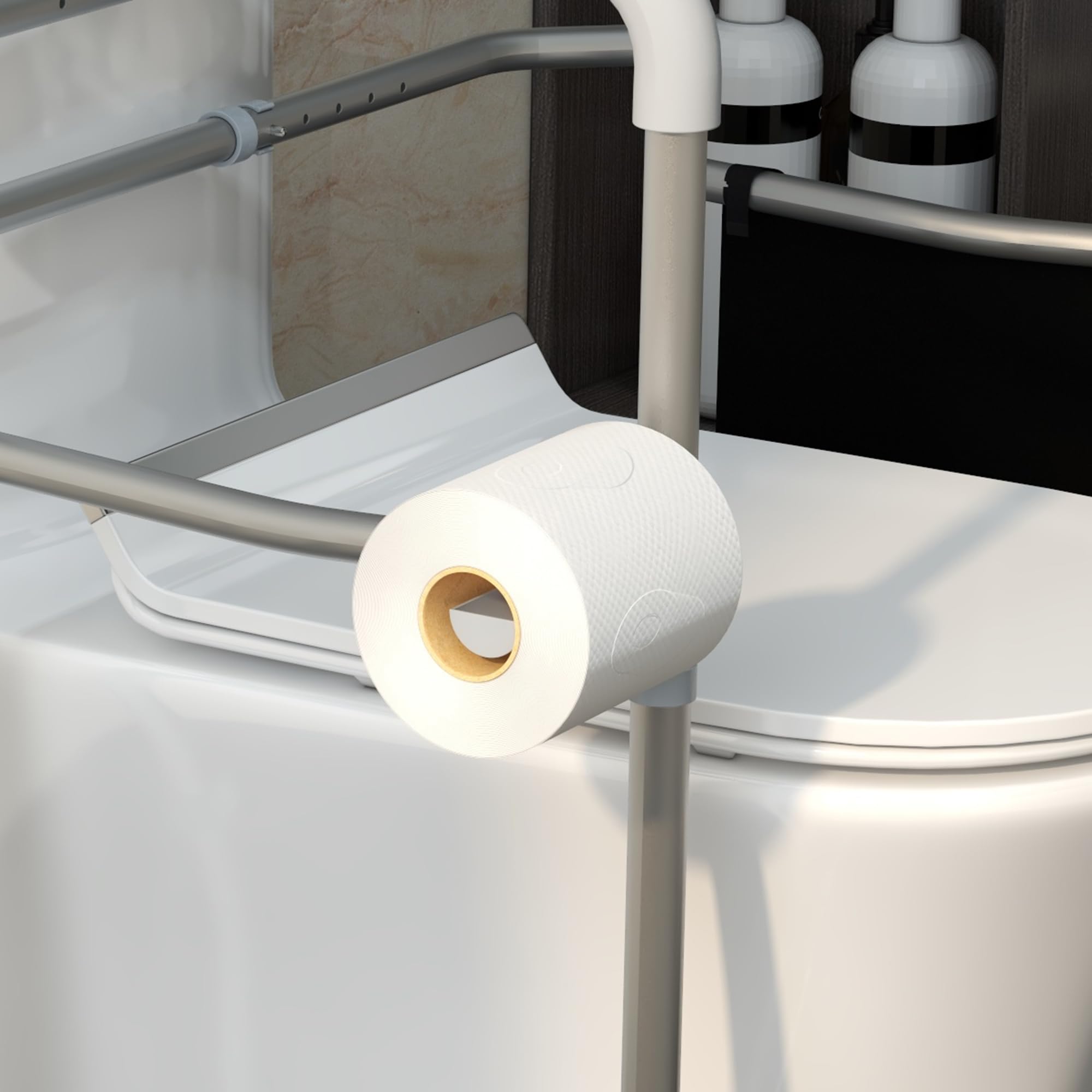 HOMCOM Supporto Water per Disabili, Sostegno con Braccioli per WC Regolabile in Altezza e Larghezza, 2 Piedini a Ventosa e Tasca Laterale