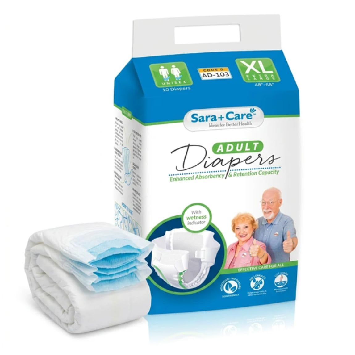 Sara+Care X-Large Adult Diapers - Unisex, Leakproof, High Absorbency, Odour Control, Elastic Waist, Wetness Indicator, Overnight Protection, Fits Waist 48"-68" - Comfort & Reliability-image-32