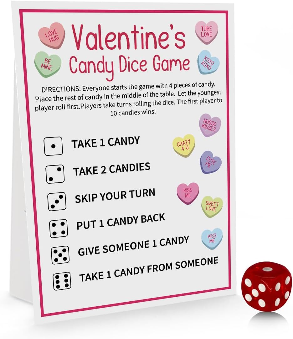 Valentine‘s Day Candy Dice Game, One Game Sign With One Red Dice, Valentine Activity, Family Valentine Party, Family Game, Valentine Party Games - VDTG04