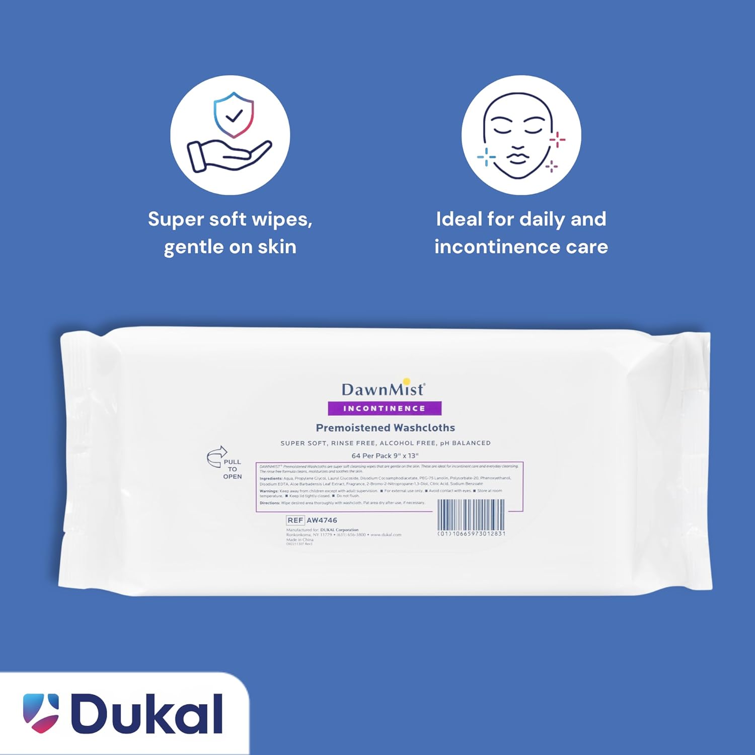 DAWNMIST AW4746 Pre-Moistened Adult Wash Cloth, Non-Sterile, Soft Pack, 9" Width x 13" Length, Pack of 768