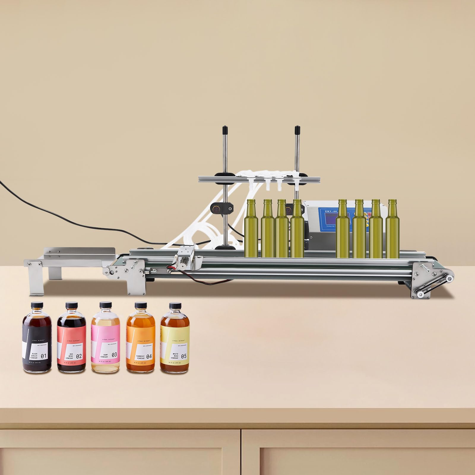 Abfüllmaschine für Flüssigkeiten mit Förderband und 1-4 einstellbaren Fülldüsen für 10-500ml Füllbereich Diaphragmenpumpe 150W geeignet