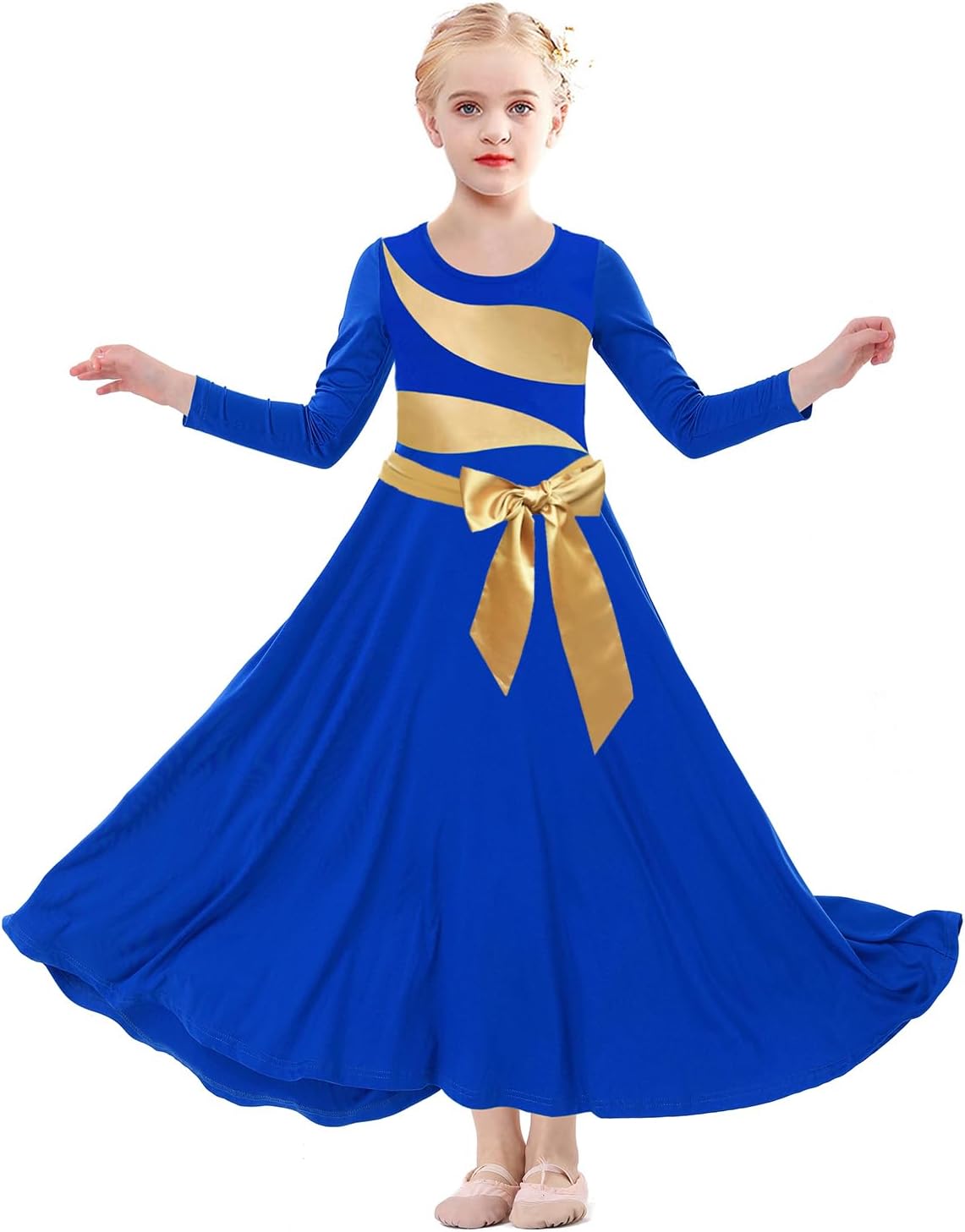 Girls Praise Dance Dress Irregular Gold Metallic Long Sleeve Liturgical Worship Church Lyrical Dance Costume
