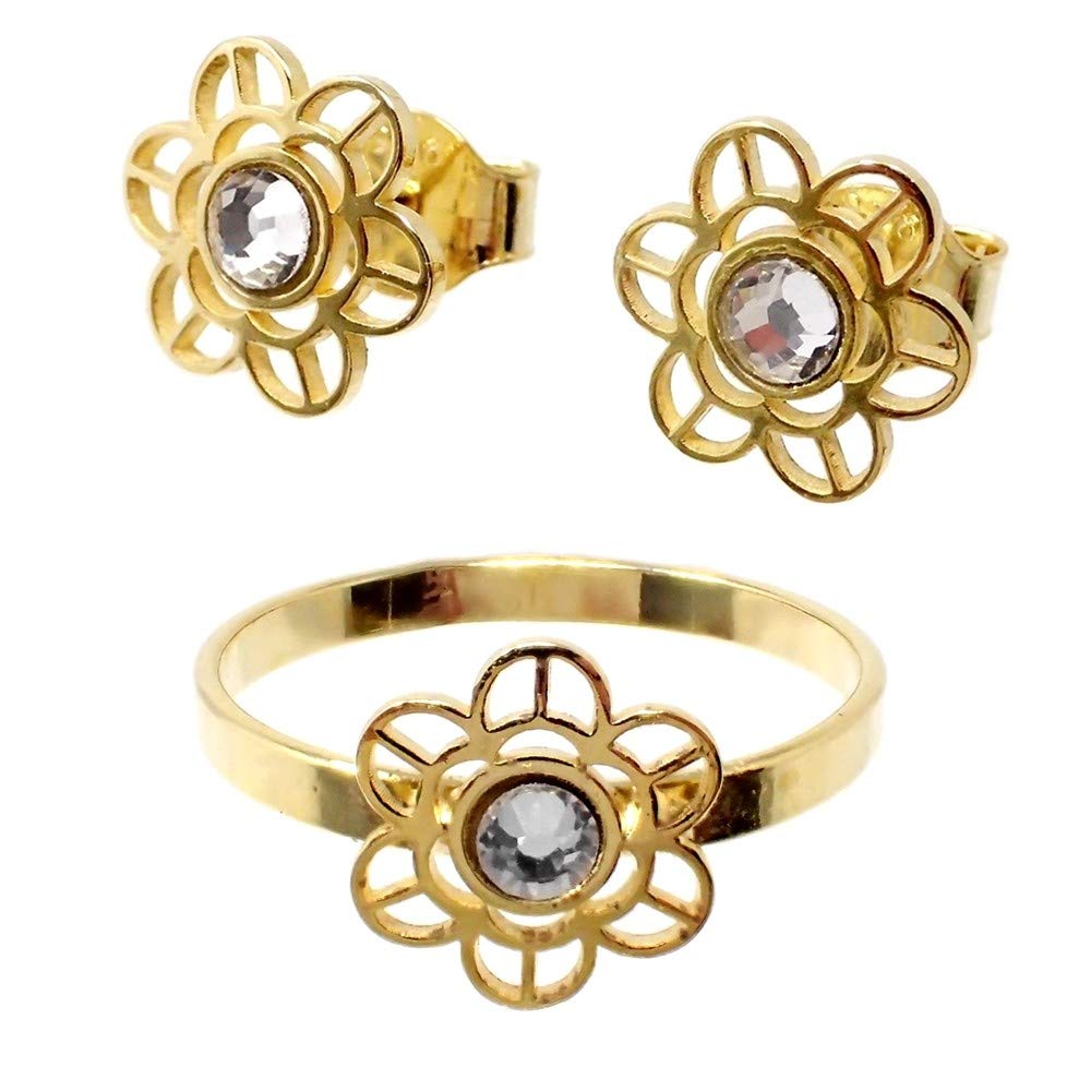 Inmaculada Romero IRJuego plata Ley 925m chapado oro Primera Comunión sortija pendientes flor pétalos calados circonita