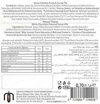 Saphori White Chocolate Flavored Cocktail Syrup, White Chocolate Syrup, White Chocolate, Coffee Syrup 700 ML