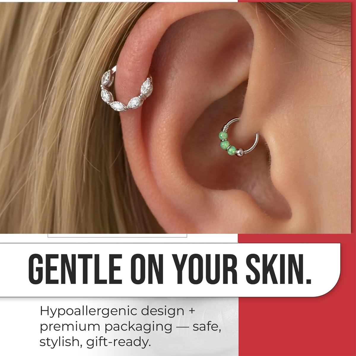 9K Oro Bianco Triplo Opale Perla 22 Gauge Hoop Naso Piercing Anello Gioielli