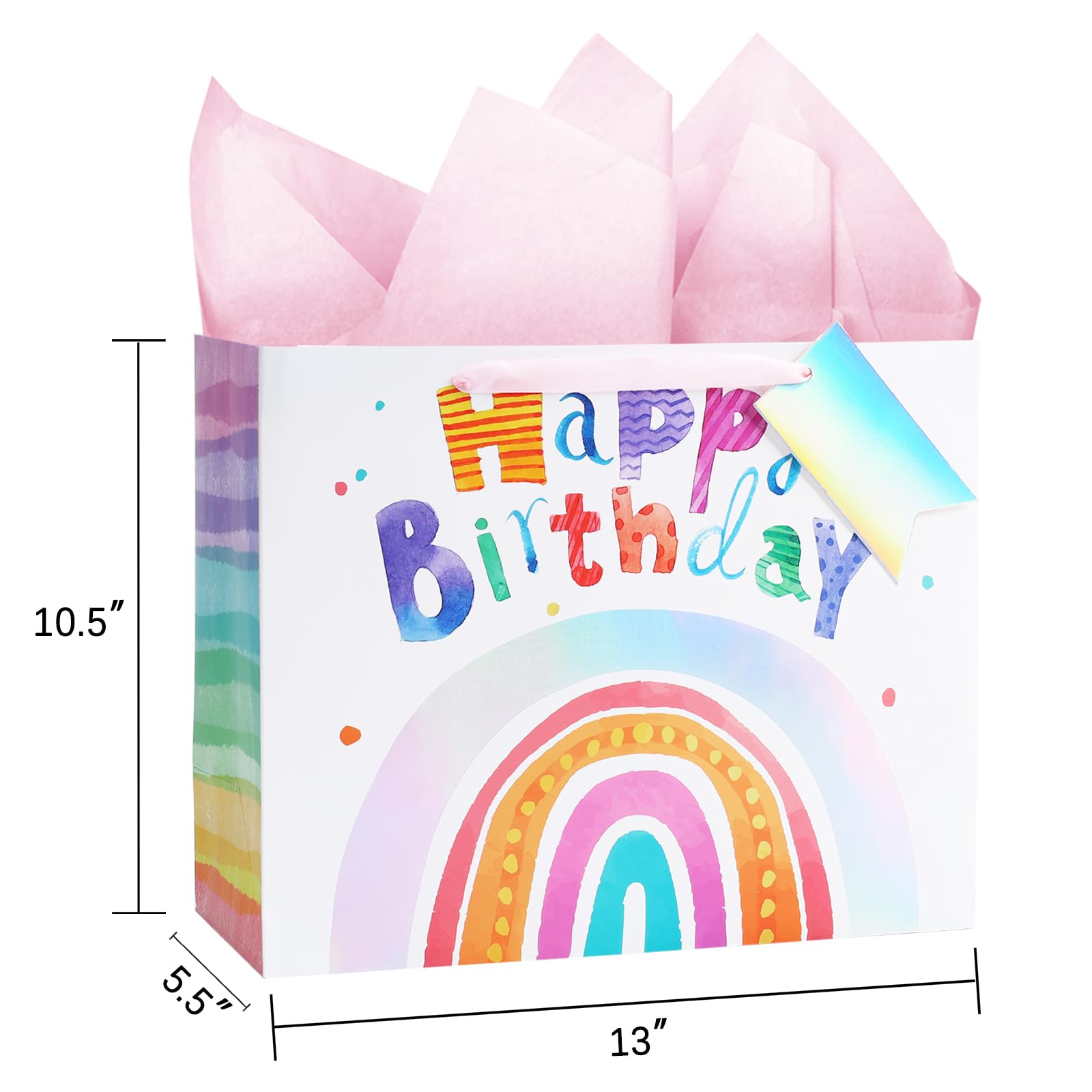 LaRibbons 13" Large Rainbow Birthday Gift Bag with Tissue Paper and Greeting Card, Pink with Holographic Design, Perfect for Girls and Kids Birthday
