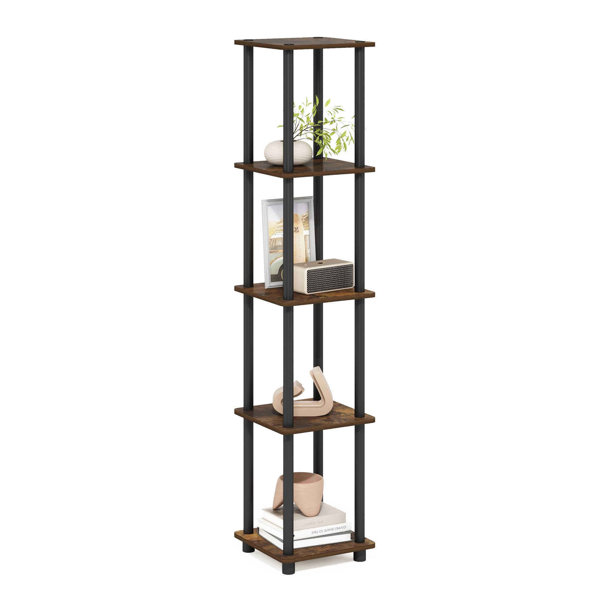 Furinno TURN-N-TUBE Scaffale Portaoggetti, Libreria Quadrata A 5 Ripiani, Mensola Angolare, Ripiani Aperti Senza Attrezzi, Tubi Tondi, Per Organizzazione E Contenimento, Pino Ambrato