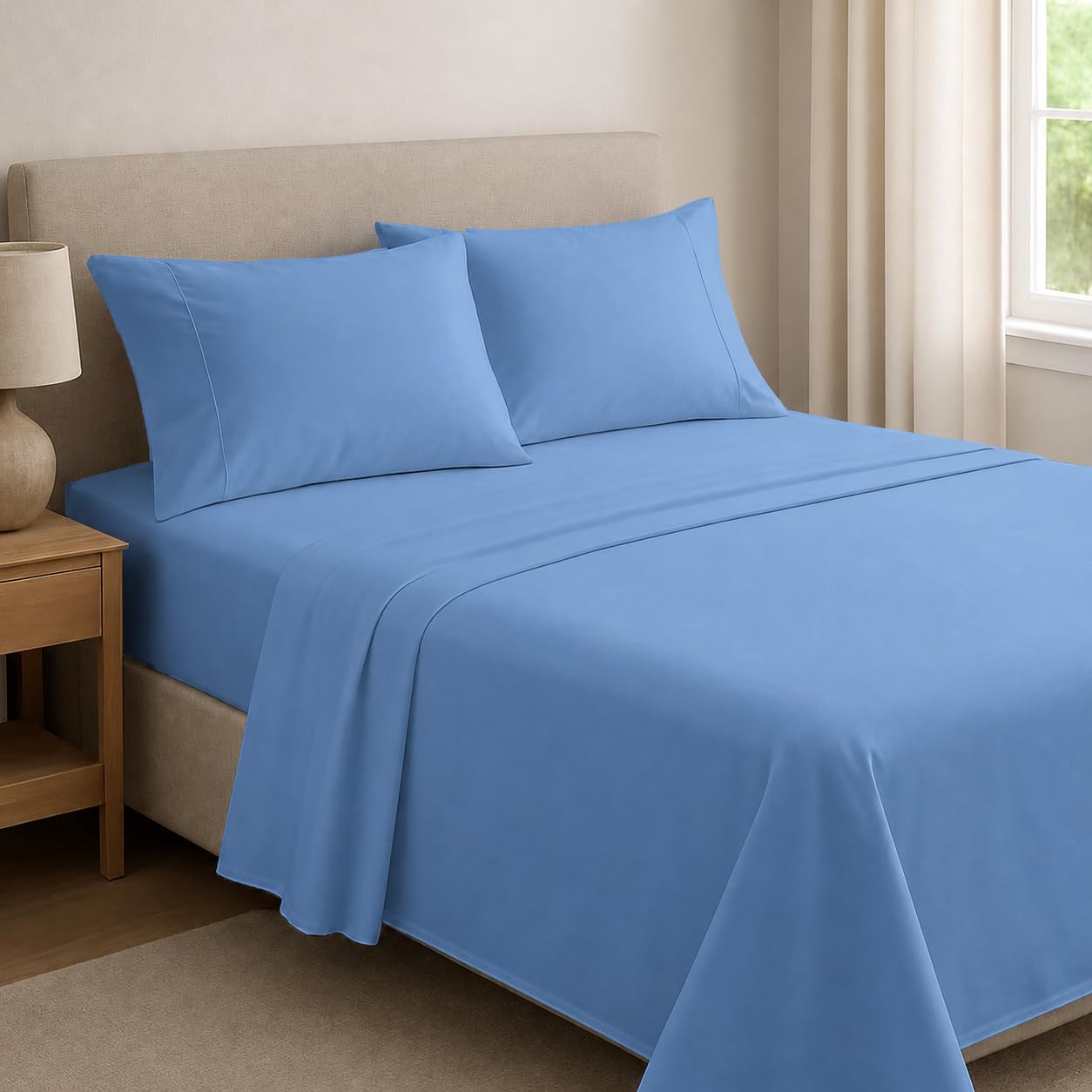 Dreema Novexa 4Pcs 100% Egyptian Cotton Bed Sheet Set – 1 Fitted Sheet, 1 Flat Sheet & 2 Pillowcases – 400 Thread Count, 40cm Deep, Wrinkle Resistant, Hotel Quality Bedsheets (Sky-Blue, King)