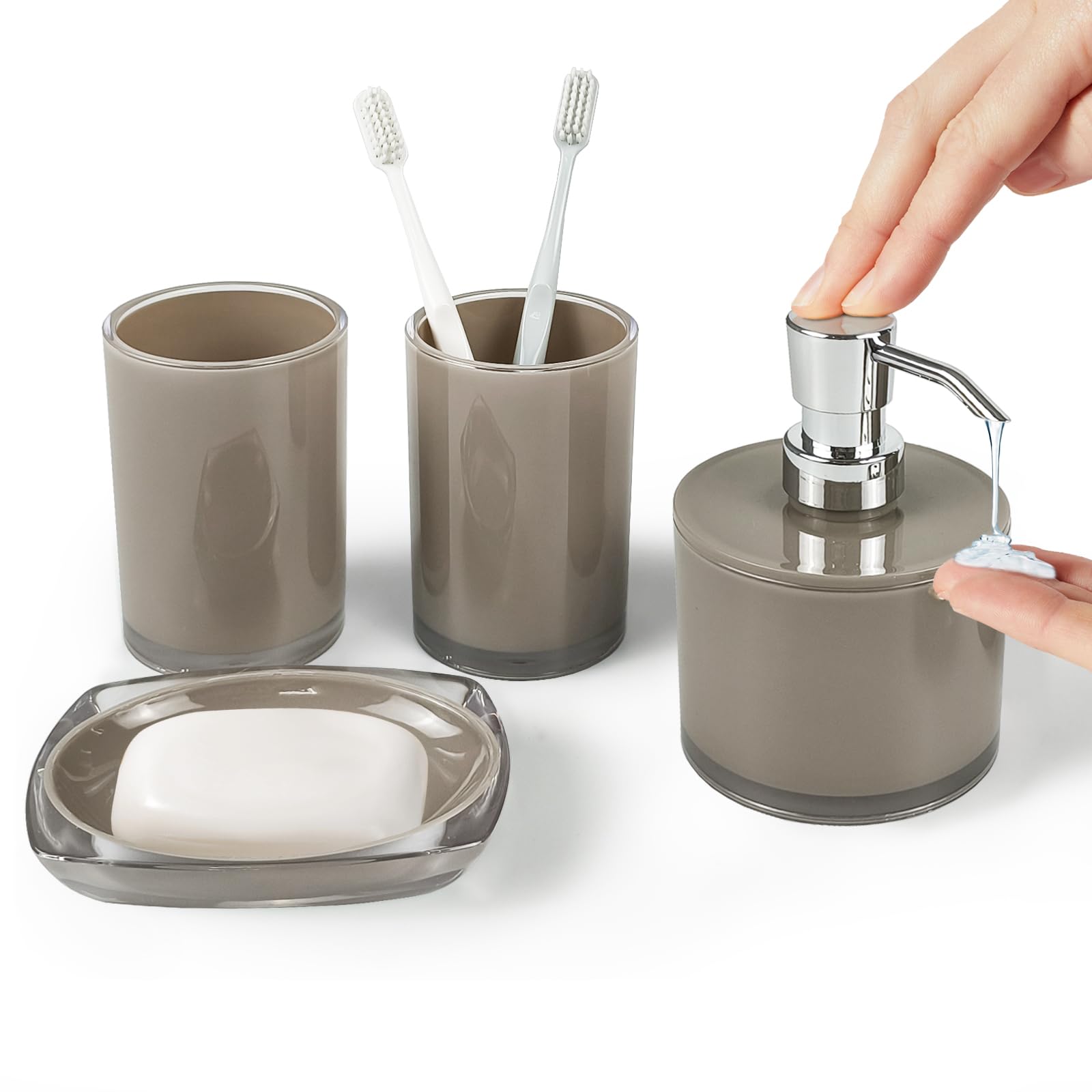 Juego de accesorios de baño gruesos, juego de accesorios de baño de 4 piezas con 2 vasos para cepillo de dientes, dispensador de jabón, dispensador de jabón (marrón claro)