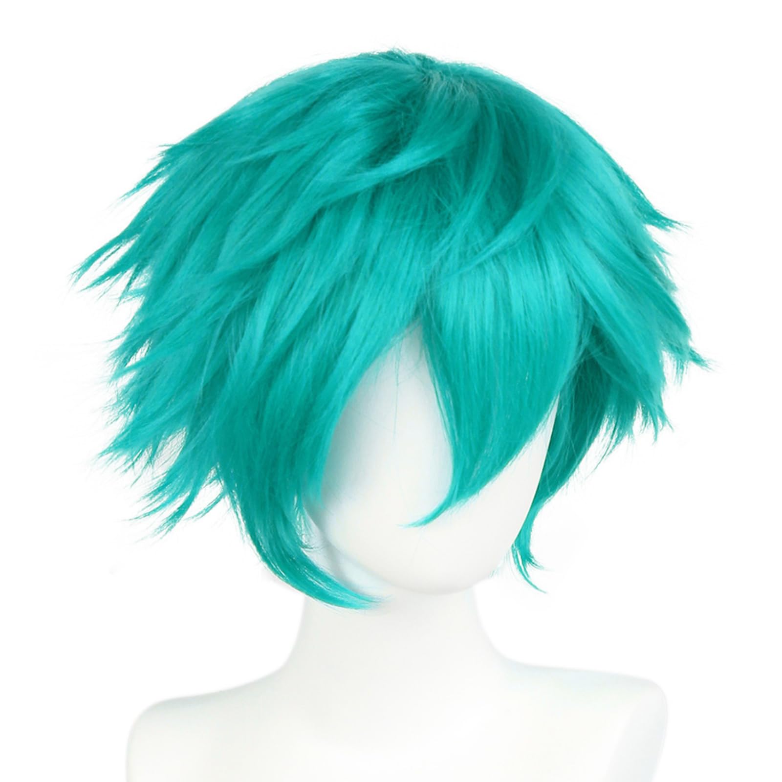 BEKIDER+1 Hair Cap Short Teal Green Wig for Men Teal Green Wavy Wig with Bangs for Halloween Christmas Event Costume Party