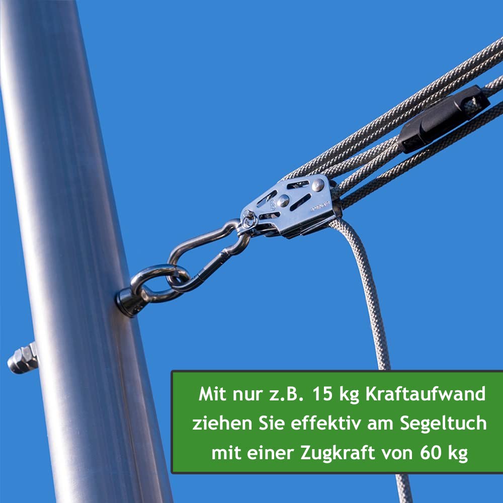 Sonnensegel 4-Fach Flaschenzug Set - mastseitig, für Sonnensegelpfosten/Profi Spannsystem zum Spannen & Befestigen/Robustes Seilzugsystem mit integrierter Klemme