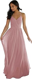 Women's V Neck Bridesmaid Dresses Long for Wedding A-Line Chiffon Open Back Formal Gown with Pockets - Buy now
