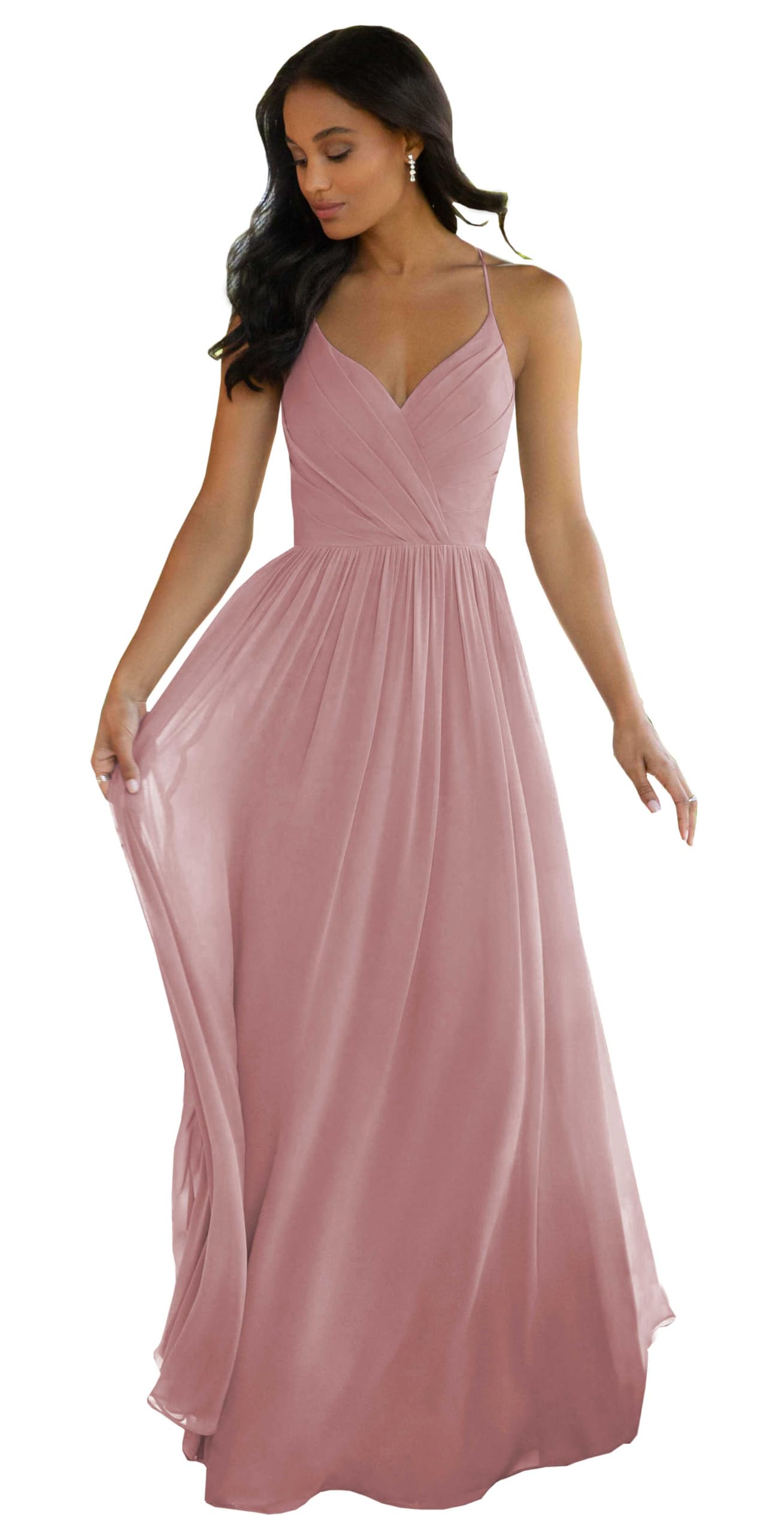 Women's V Neck Bridesmaid Dreses Long for Wedding A-Line Chiffon Open Back Formal Gown with Pockets