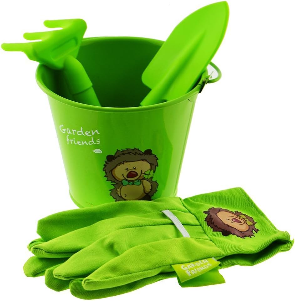 Garden Friends Gardening 4pieces Kids Tool Set in Green Color Gloves Trowel Cultivator Bucket Combo Set