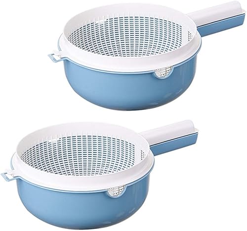 Hemoton Juego de 2 coladores de cocina 2 en 1, cuenco de lavado de frutas y verduras, cesta de secado portátil de doble capa con asa para fregadero