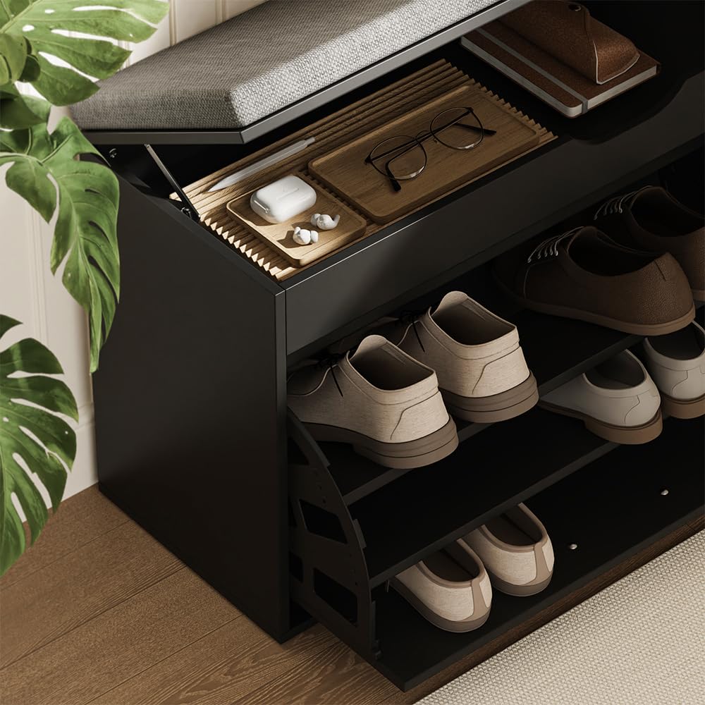 Vicco Schuhbank Solino, Schwarz/Grau, 90 x 50 cm mit Sitzfläche, zur Aufbewahrung von Schuhen und Alltagsgegenständen
