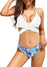 Conjunto de biquíni feminino cruzado push up frente única bandagem amarrada lateral roupa de banho duas peças