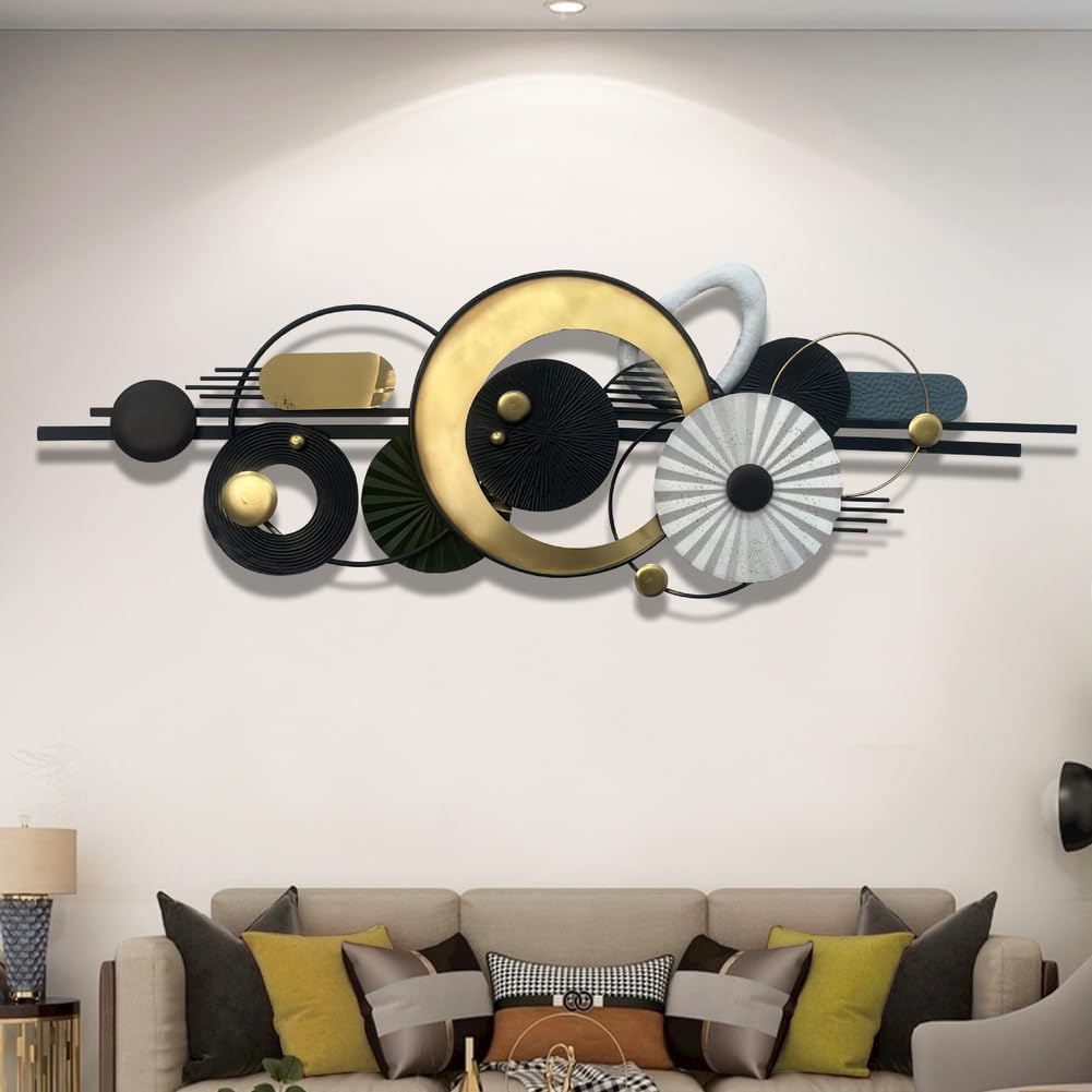 Nowoczesna abstrakcyjna metalowa sztuka ścienna, geometryczne koła dekoracja do domu, duża 150 x 53 cm współczesna dekoracja ścienna do salonu, jadalni, sypialni