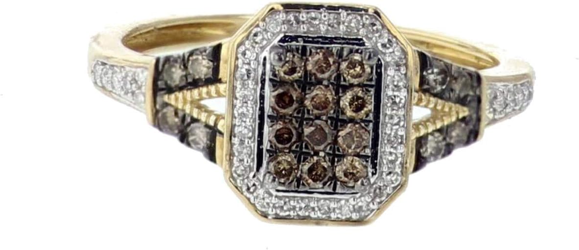 10K Gold Diamond Engagement Ring Cognac and White Diamonds 0.30ctw Rectangular Shaped