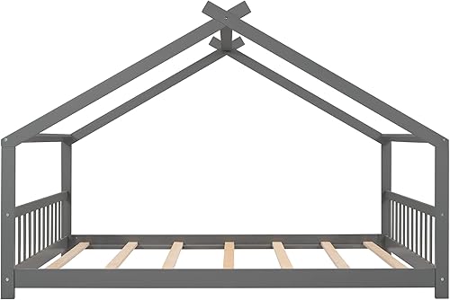 Miniatura 28 de Cama de casa de tamaño individual para niños, base de cama Montessori tamaño individual con cabecero y estribo, cama de madera para niños y niñas,